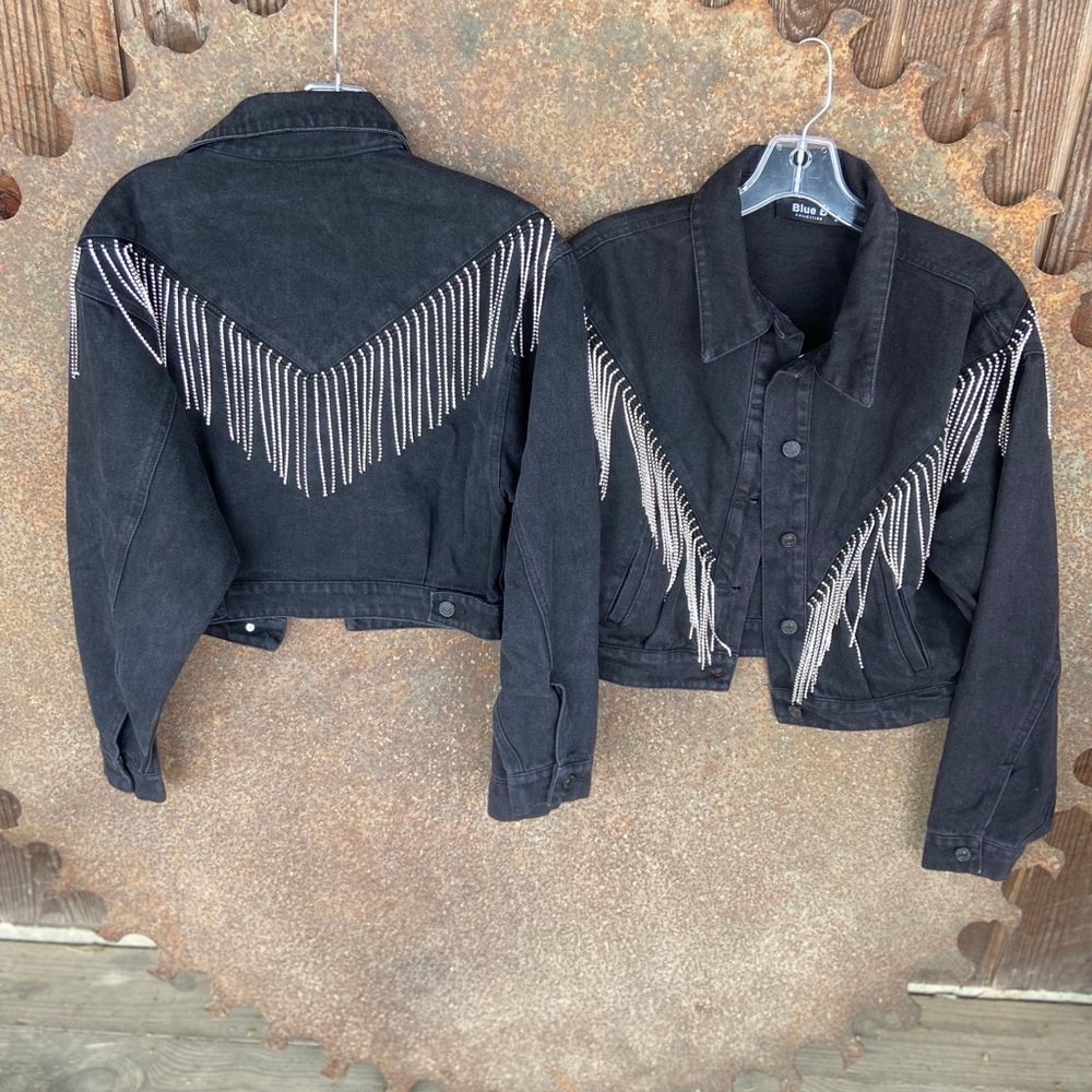Black Rhinestone Fringe Denim Jacket
